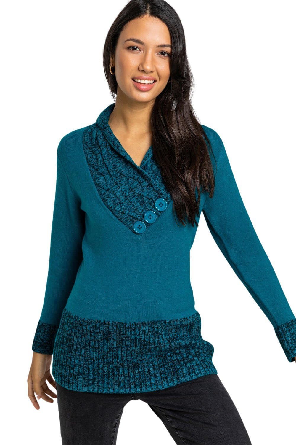 Roman Originals Jumper for Women UK - Ladies Button Detail Embellished Tunic Sweater V-Neck Overlap Autumn Winter Smart Office Work Wear Casual Warm Cosy Pullover Day - Teal - Size 12