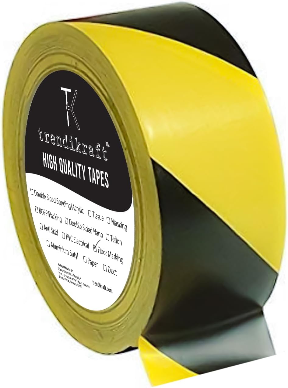 2 inch X 15 meter Pack of 1 Floor Marking Self Adhesive Safety Caution Tape High-Visibility Tape Bright Color PVC Vinyl Tape in Yellow Black Zebra Design