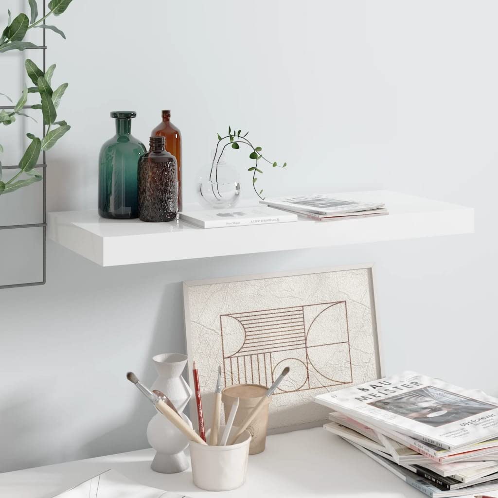Étagère murale MDF blanc brillant 60 cm meuble de rangement suspendu d'angle