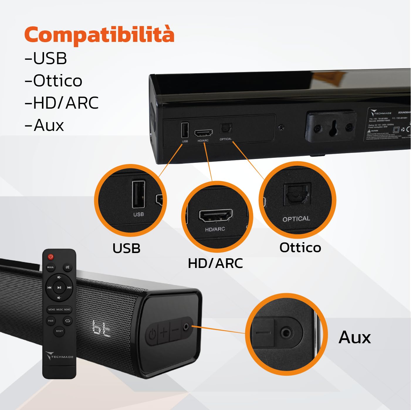 TECHMADE Soundbar TV 2.0 Bluetooth 120W HDMI ARC USB AUX Ottico Audio Potente Bassi Profondi Compatta
