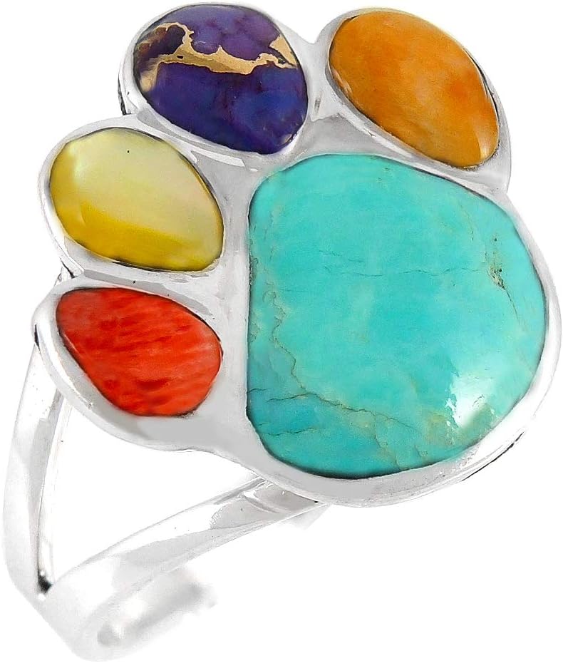 Turquoise Network Dog Paw Sterling Silver 925 Ring with Genuine Gemstones