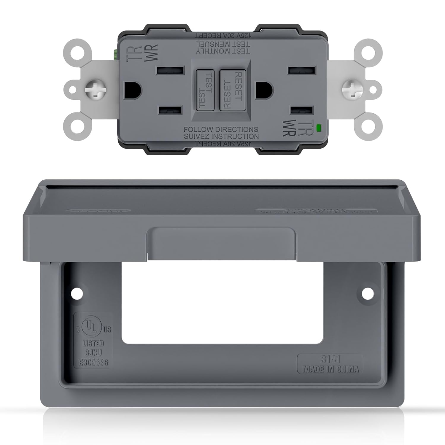 ELEGRP 15 Amp Outdoor GFCI Electrical Outlet with Cover, Weather Resistant GFCI Receptacle and Wall Plate, Self-Test GFI, Thinner Design Horizontal Ground Fault Receptacles, UL Listed, Grey, 1 Pack