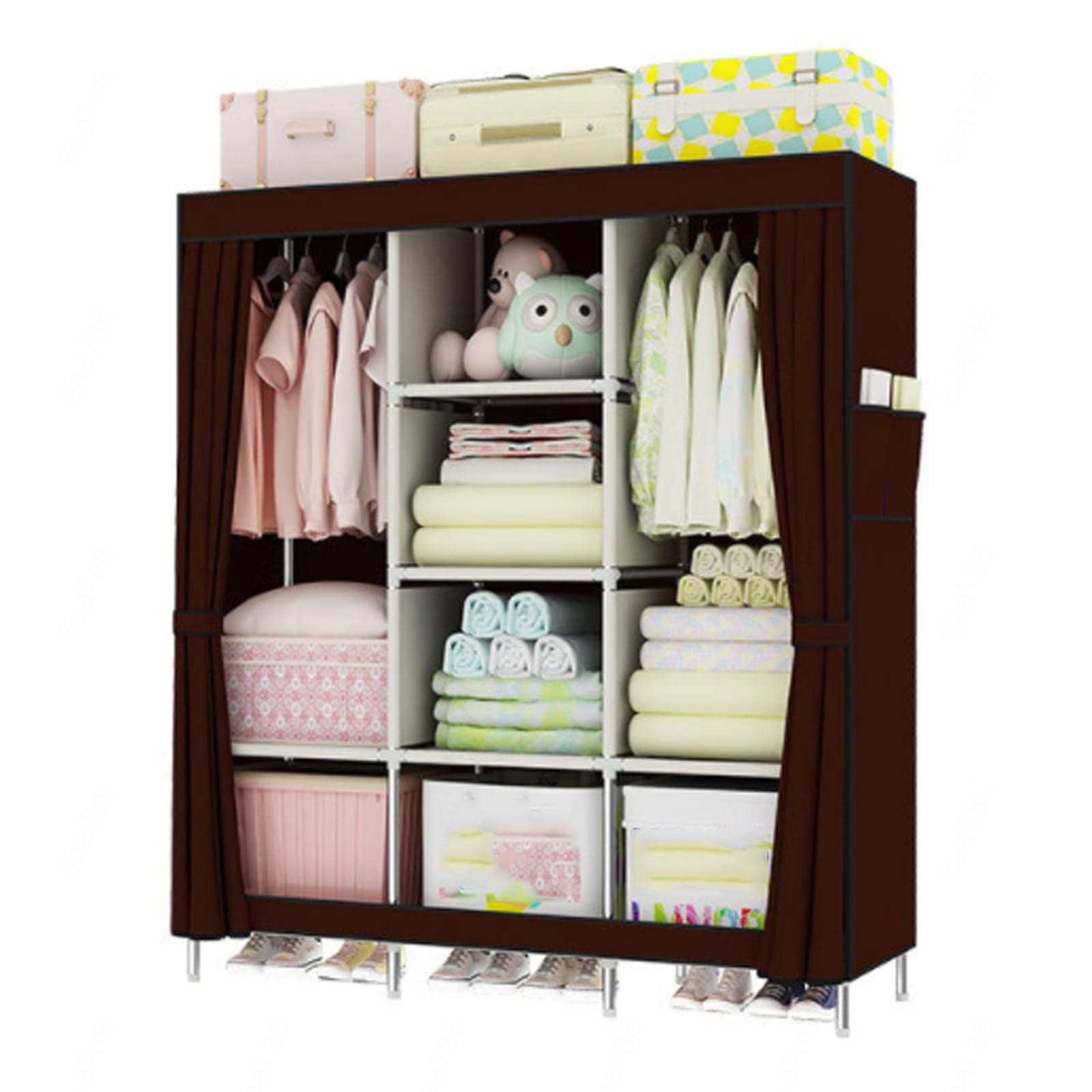 Armario,Armario de Lona Portátil,Armario de Tela con Barra para Colgar y Bolsillos Laterales,Armario Plegable para Dormitorio,Brown-128x45x170cm