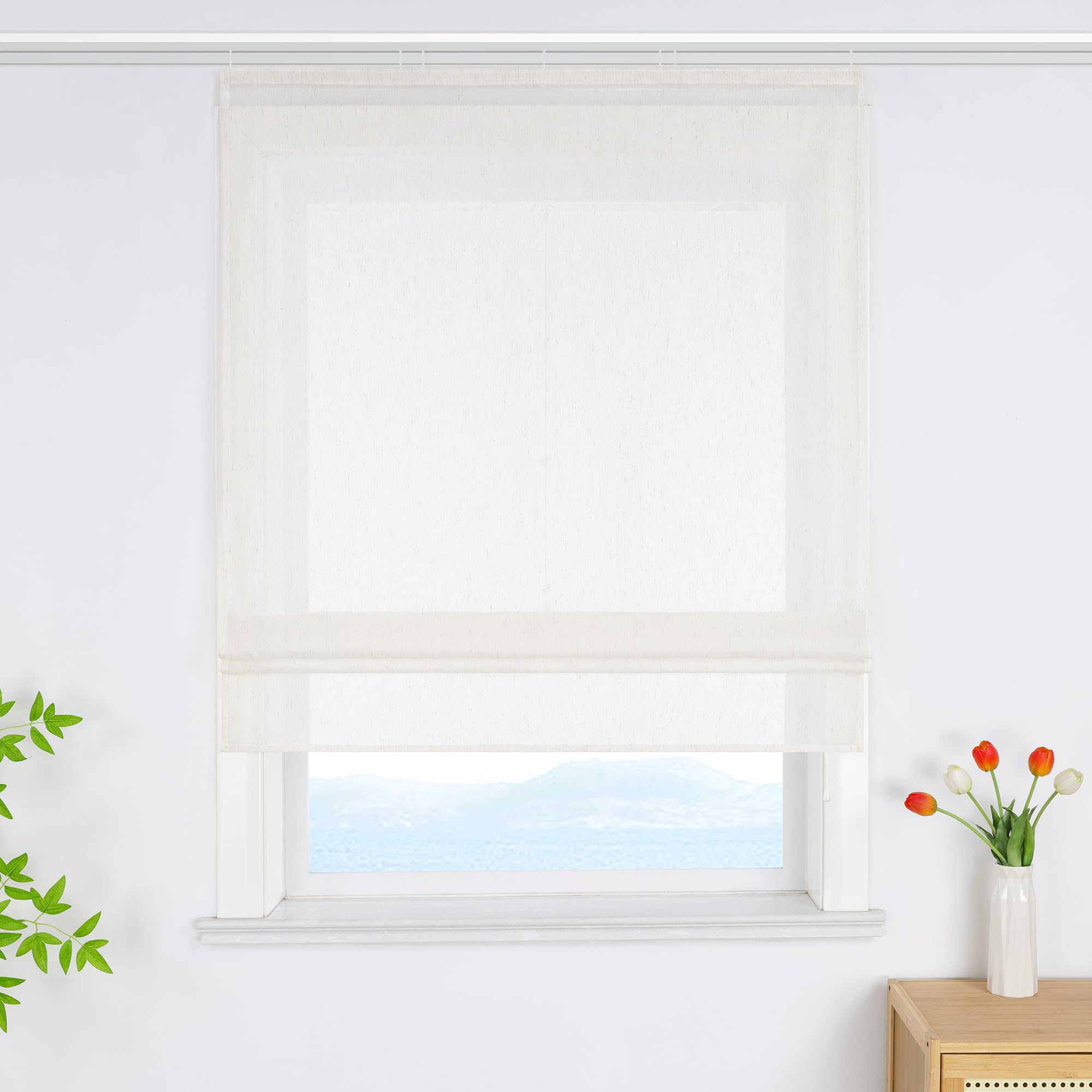 ESLIR Raffrollo mit Klettband Raffgardine Leinenoptik Transparent Beige 140x140 cm