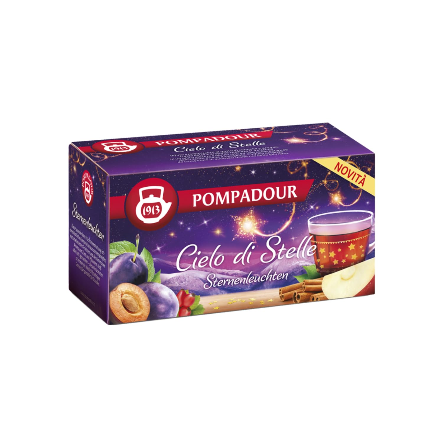 Pompadour® | Mezcla de frutas de canela y ciruela | Infusión de Manzana, Canela, Ciruela y Clavo - 3 x 20 Filtros (150 Gr) | Té de hierbas cielo estrellado