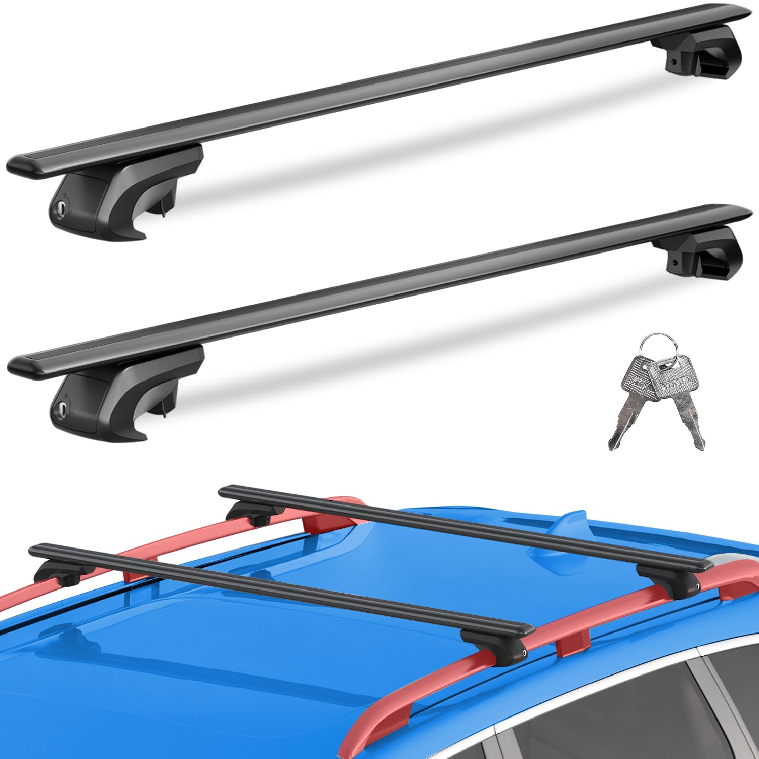 330lbs heavy duty universal roof rack cross bars 56” adjustable aluminum crossbars, lockable universal cross bars that fit most raised side rails vehicles/suvs (with gap design)