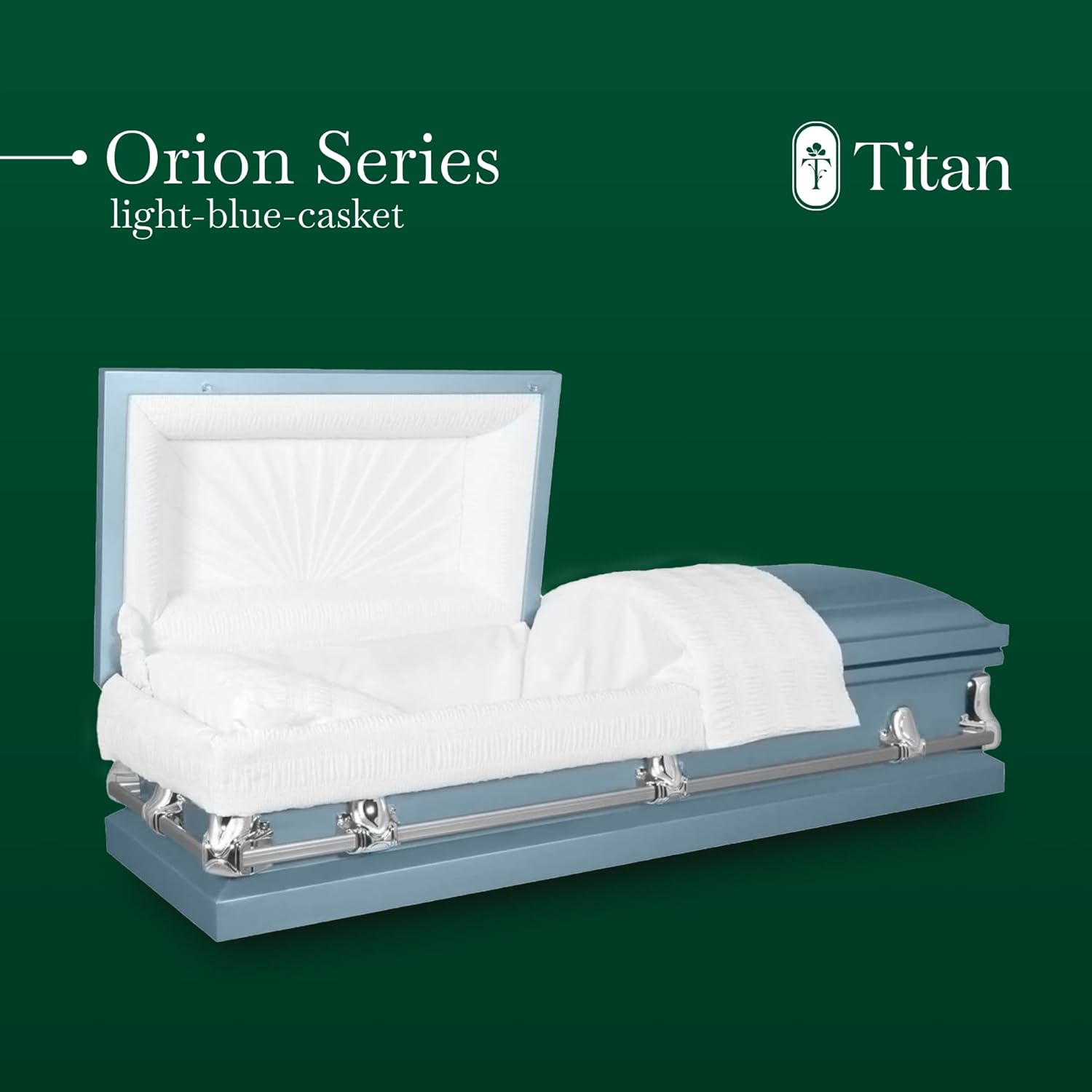 Titan Casket Orion Series, Handcrafted Steel Funeral Casket for Humans with Luxurious Light Blue Finish & Light Blue Crepe Interior, Reinforced Handles, Adjustable Bed with Gasketed Sealer