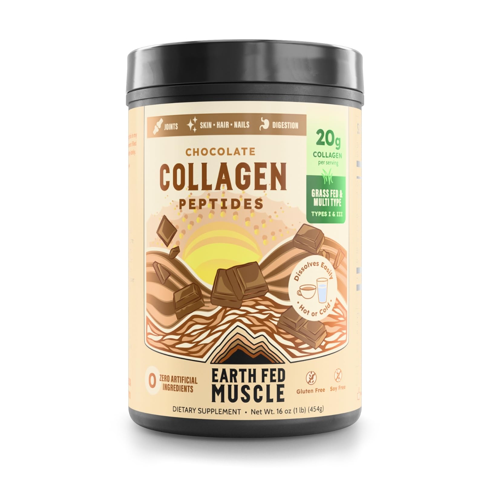 Earth Fed Muscle Chocolate Collagen Peptides Powder – Grass Fed Hydrolyzed Collagen for Women & Men - Healthy Bones, Skin & Hair - Types 1 & 3 Collagen Powder, 20g Per Serving, 19 Servings