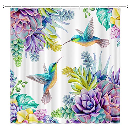 Jjnaee Bird Flower Shower Curtain Hummingbird Succulents Purple Floral Vintage Garden Nature Summer Tropical Plant Bathroom Decor Polyester Fabric Curtains With Hooks 70 X 70 Inch #TOP5