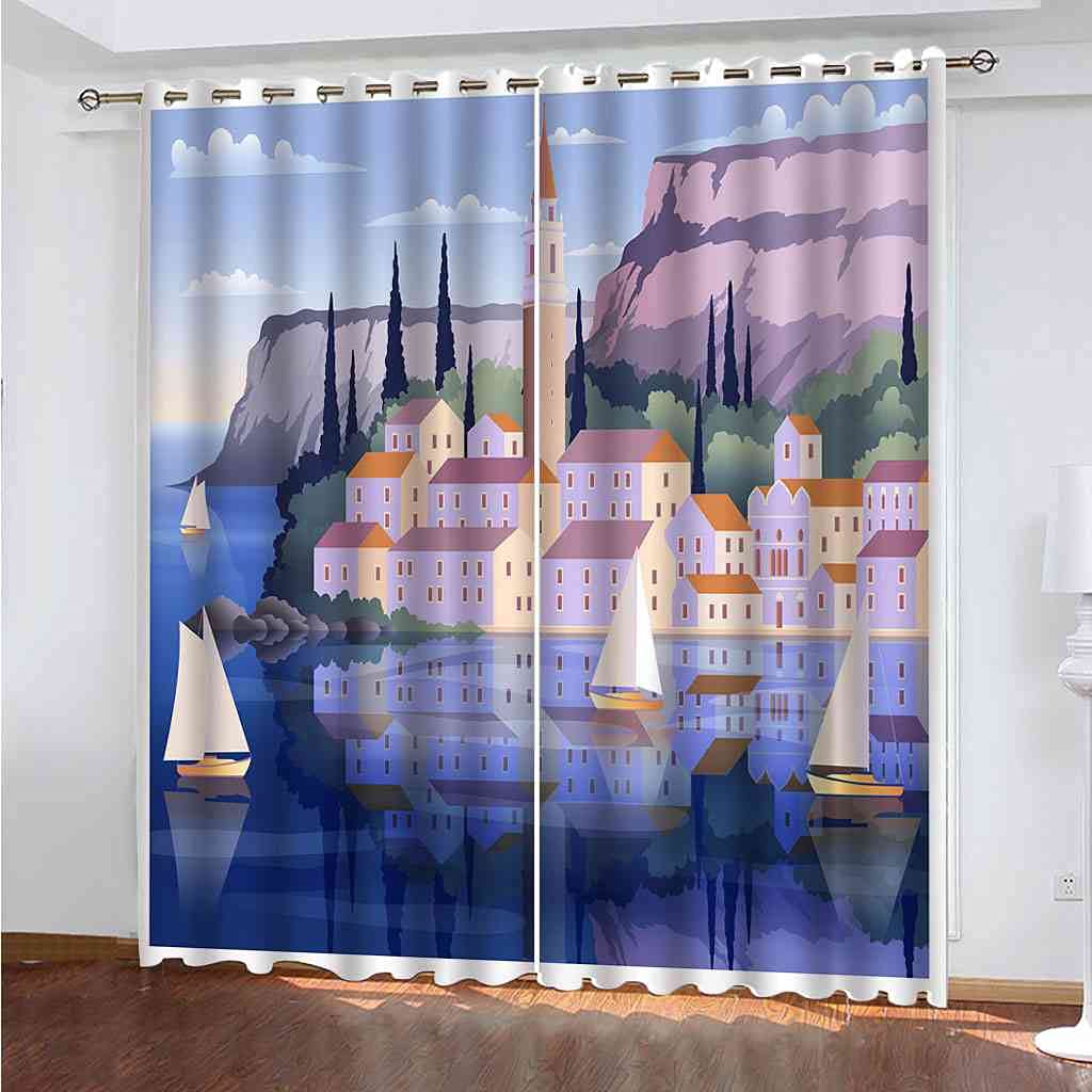Rideau de fenêtre pour chambre d'enfant et salon motif villa côtière 3D multicolore
