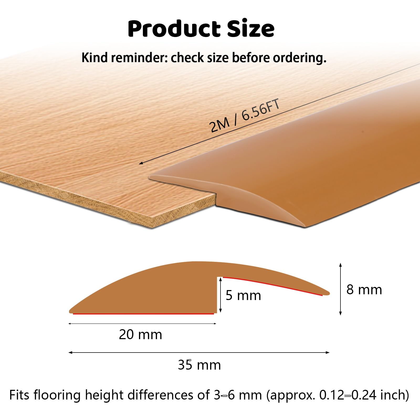 Tiras autoadhesivas de transición de suelo de 2 m, adhesivo fuerte, ideal para umbrales de alfombras, laminados y azulejos, puertas y bordes (5 mm, marrón claro)