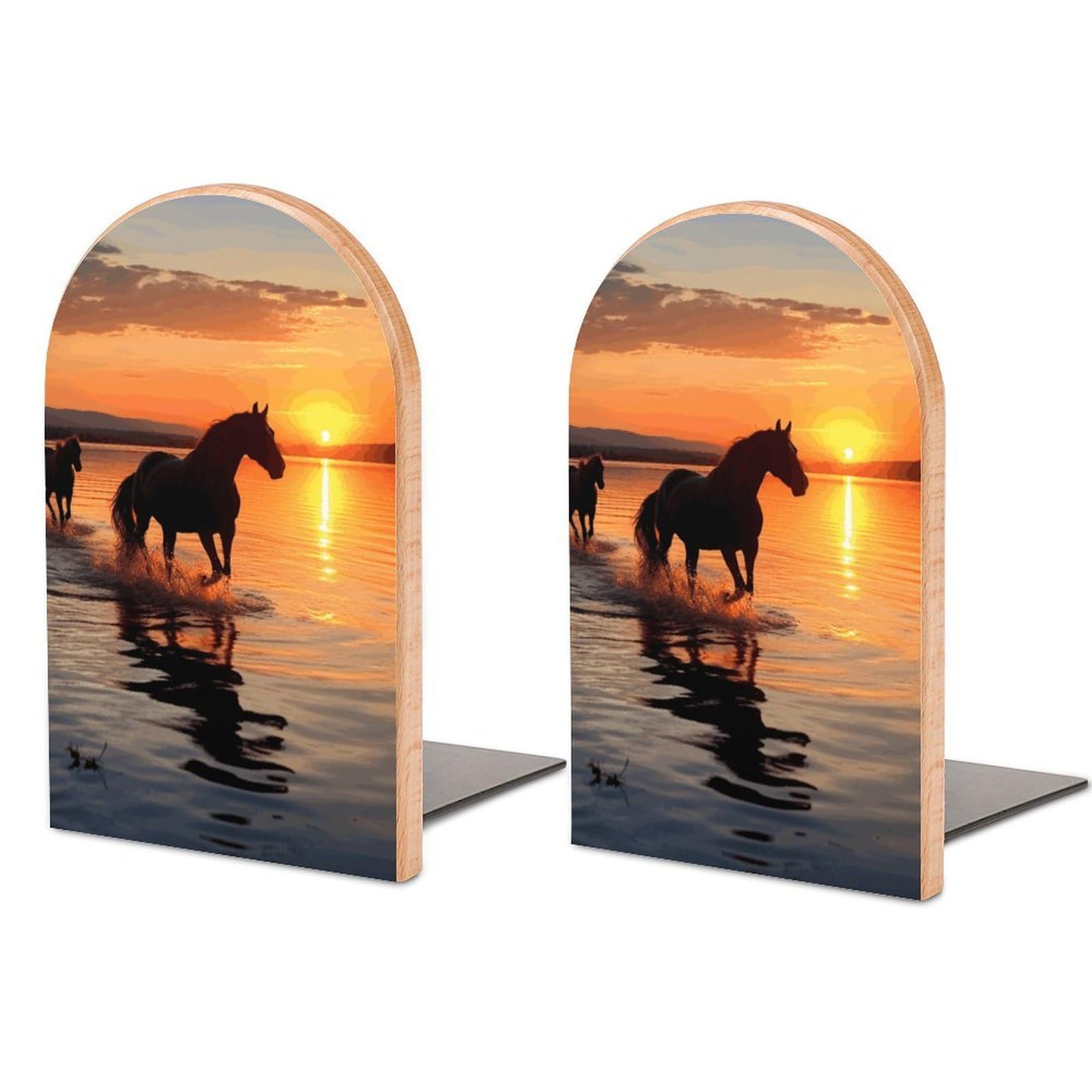 Sunsets Lake Horses Bookend Modern Bookends for Shelves Non-Skid Book Holder Heavy Duty Metal Book Storage for Books CDs Decorative Book Stopper for Home