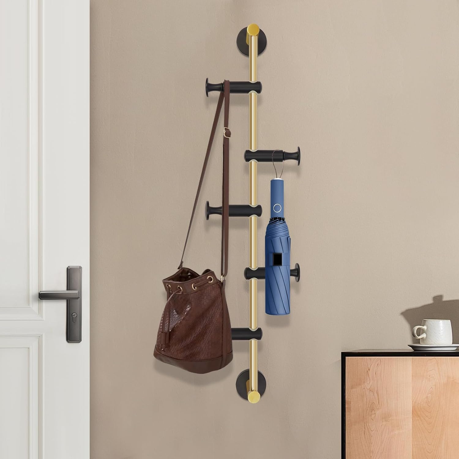 TFCFL Wall Mounted Coat Rack, 5 Adjustable Movable Rotatable Hooks, Entryway Organizer Coat Hooks, Space-Saving Hallway Hanger with 180° Swivel Hooks for Entryways, Bedrooms, Cloakrooms (Black+Gold)