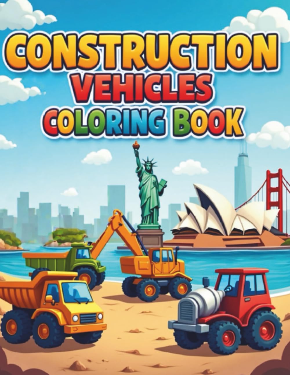 Construction Vehicles Coloring Book: Exploring Famous Landmarks Near the World’s Five Oceans