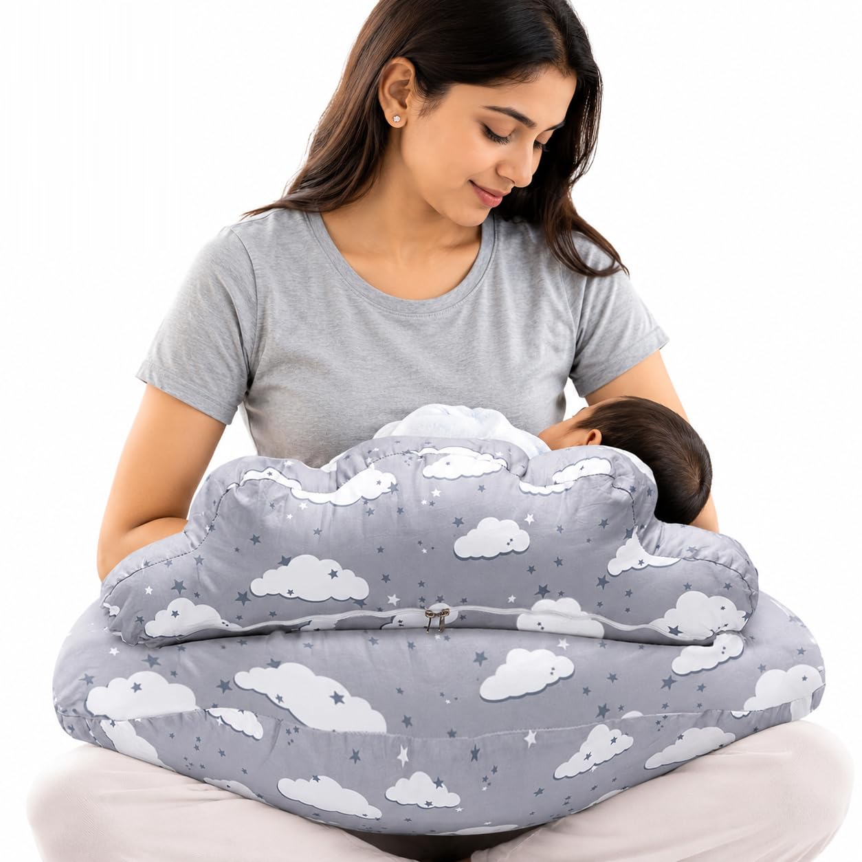 Proliva Feeding Pillow for New Born Baby with Detachable Cover Breast Feeding & Maternity Nursing Pillow for Breastfeeding Support for Baby Feeding Pillow for Mom (Grey-Rain-B2)-image-35