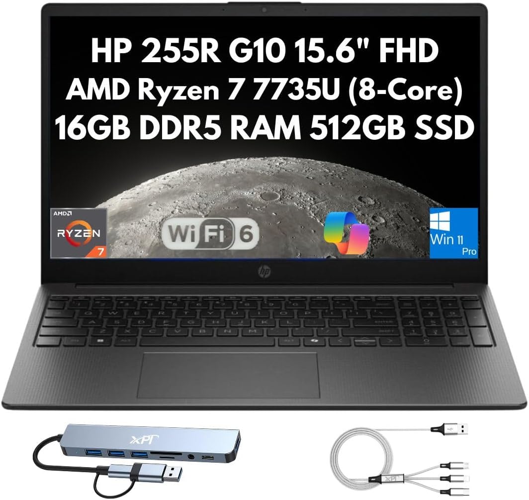 HP 255R G10 Business Laptop 2026, 15.6" FHD, AMD Ryzen 7 7735U 8-Core (Beats i7-1355U), 16GB DDR5 RAM, 512GB PCIe SSD, Webcam, Wi-Fi 6, HDMI, Numeric Keypad, Docking Station, Copilot Windows 11 Pro