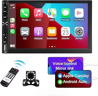 Double Din Car Stereo Apple Carplay Android Auto with Bluetooth 7 Inch Touch Screen Car Radio Receiver MP5 Player with Backup Camera Mirror Link FM AM Mic 16-Band EQ DSP 2USB TF Aux Subwoofer SWC