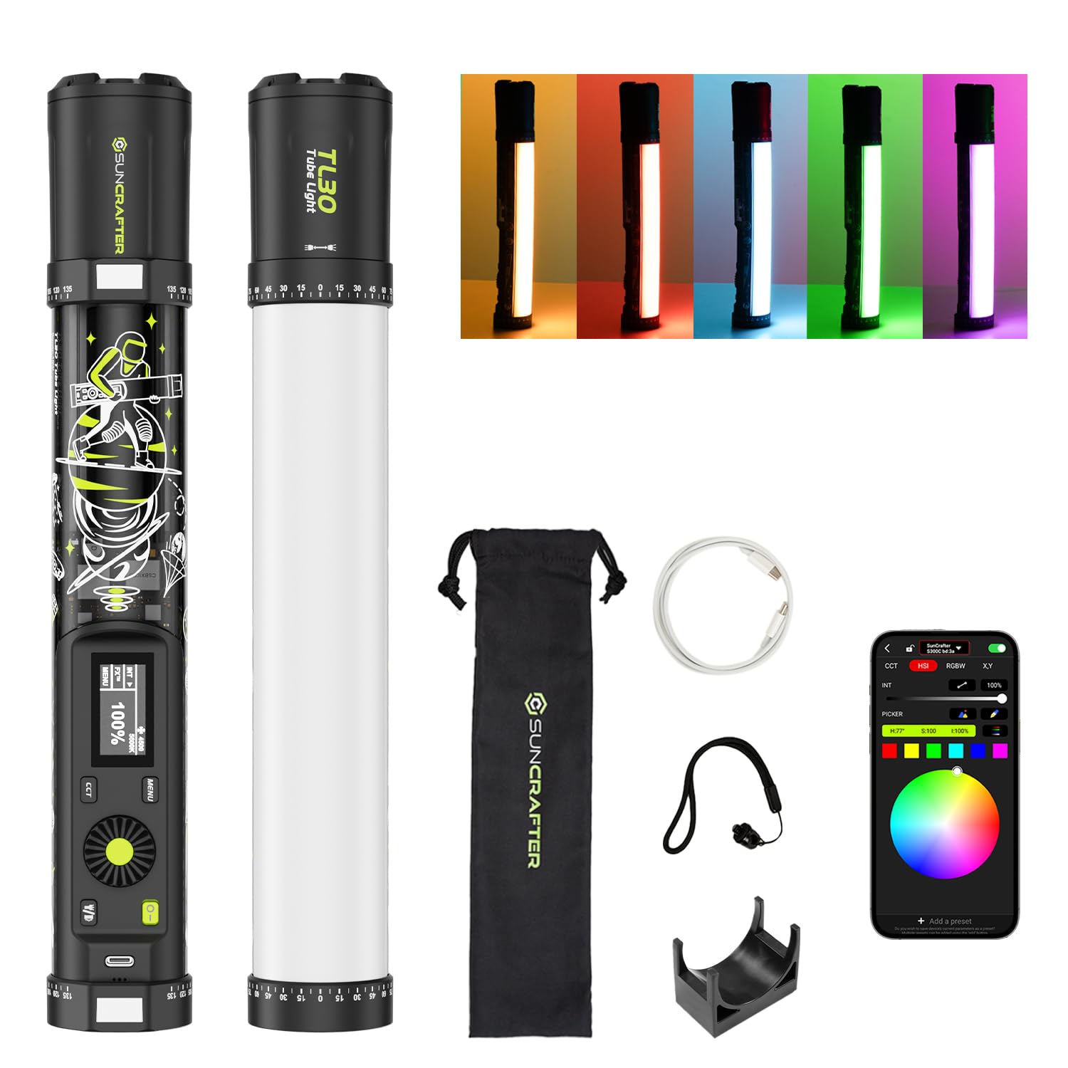 suncrafter TL30 RGB Tube Light, RGBWW 360° Adjustable Magnetic Video Lighting Wand Stick with Smart APP Control, 2700K-10000K CRI96+ TLCI99+, 21 Scenes, Focus-Adjustable Spotlight, 5000mAh Battery