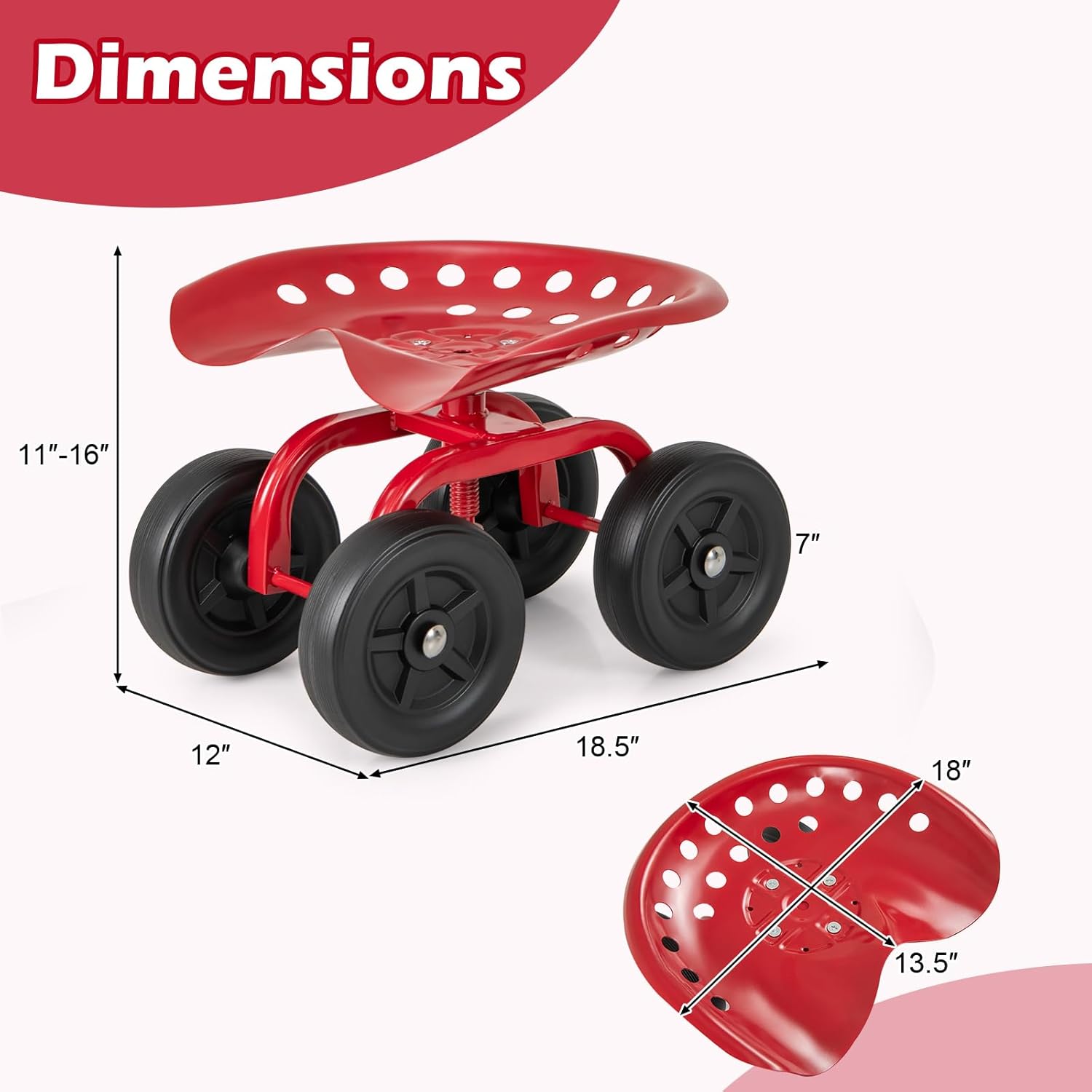 ERGOMASTER Garden Seat with Wheels, Adjustable Height & 360° Swivel, Iron Frame, Red