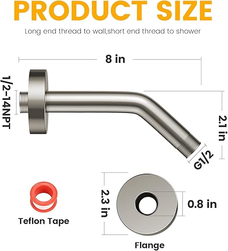 Miniatura 5 de YASFEL Brazo de ducha de 8 pulgadas para montar en la pared, moderno, tubo de extensión de ducha con brida y cinta de teflón para cabezal de ducha y