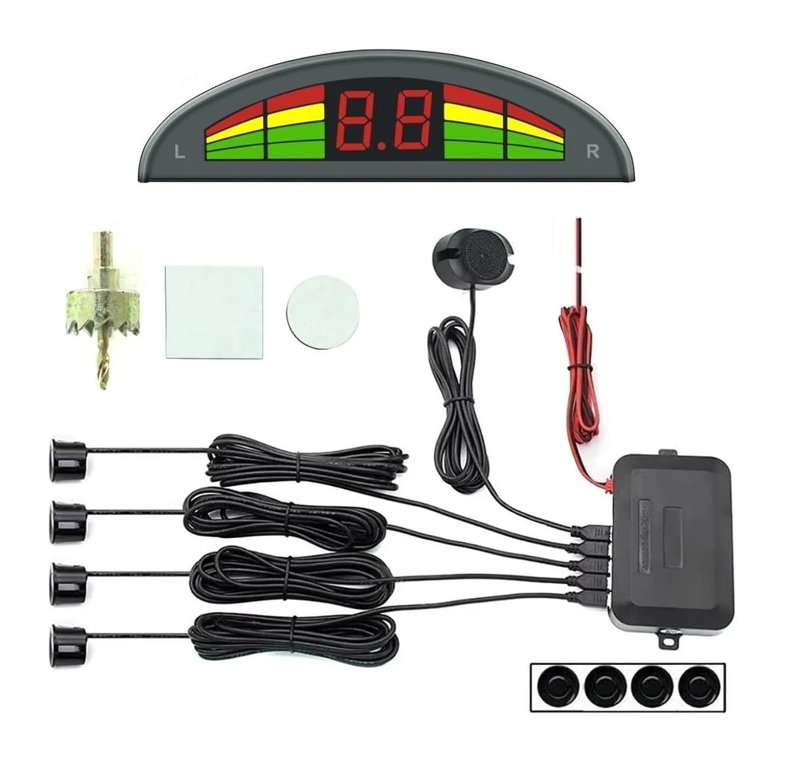 Kit sensori di parcheggio con 4 sensori, Distanza di rilevamento 0-2 Metri, Allarme sonoro, Display, sensore di parcheggio in retromarcia.
