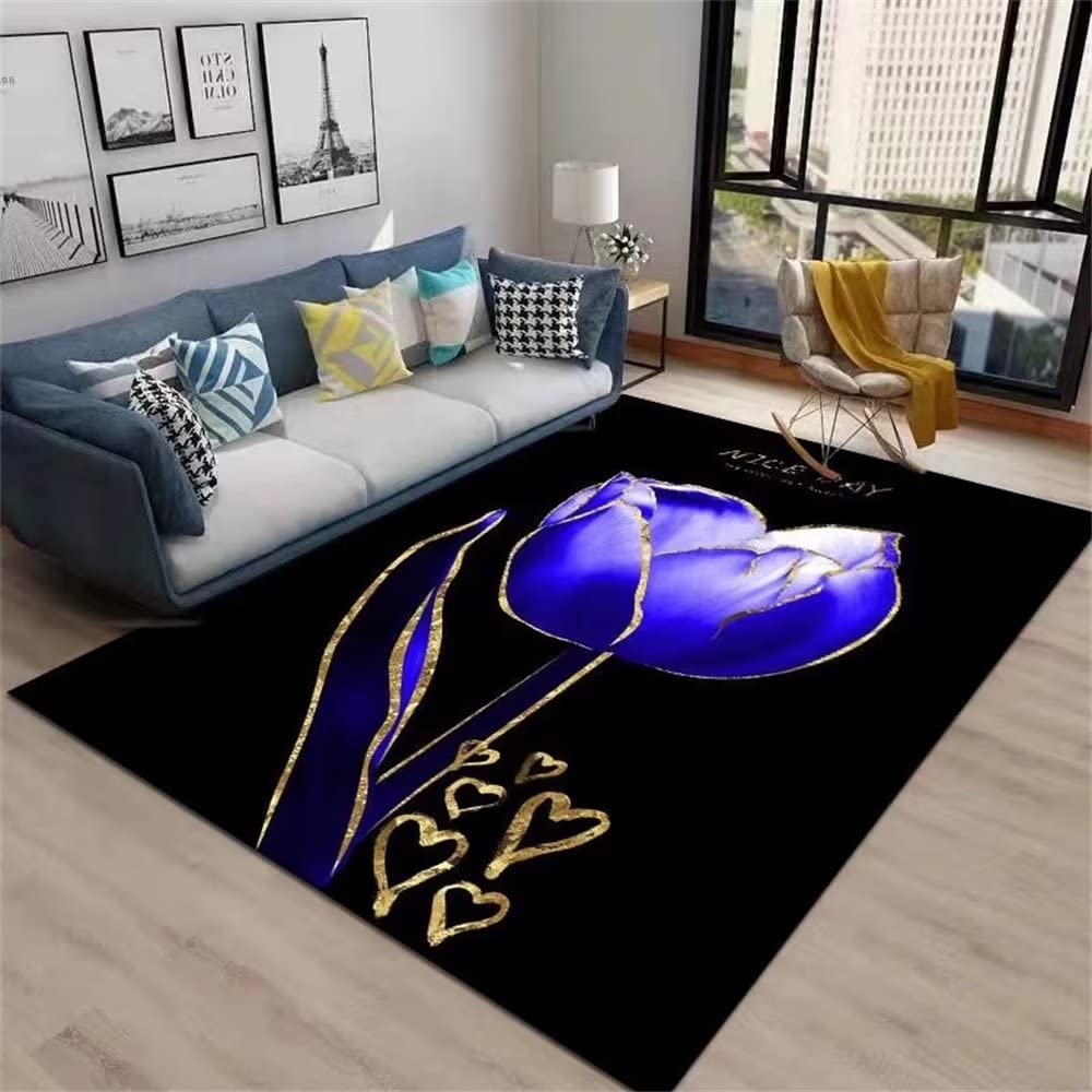Alfombra de habitación juvenil con flores azules lavable y supersuave de 170x240cm