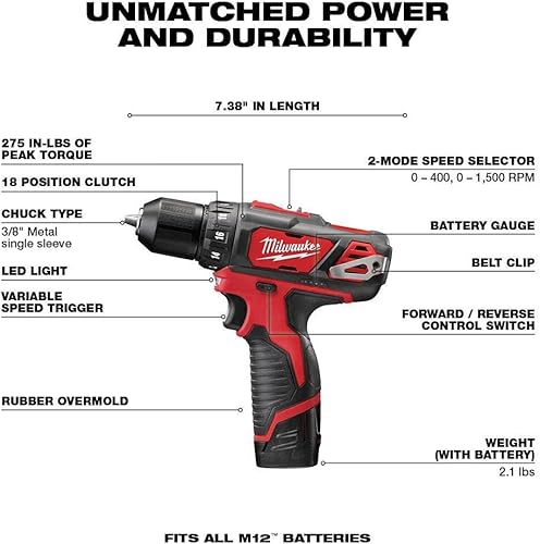 Miniatura 3 de Milwaukee 2498-25 M12 12V Kit combinado de 5 herramientas inalámbricas: 2407-20 3/8 in.Taladro/controlador + 2462-20 1/4 pulgadas destornillador de