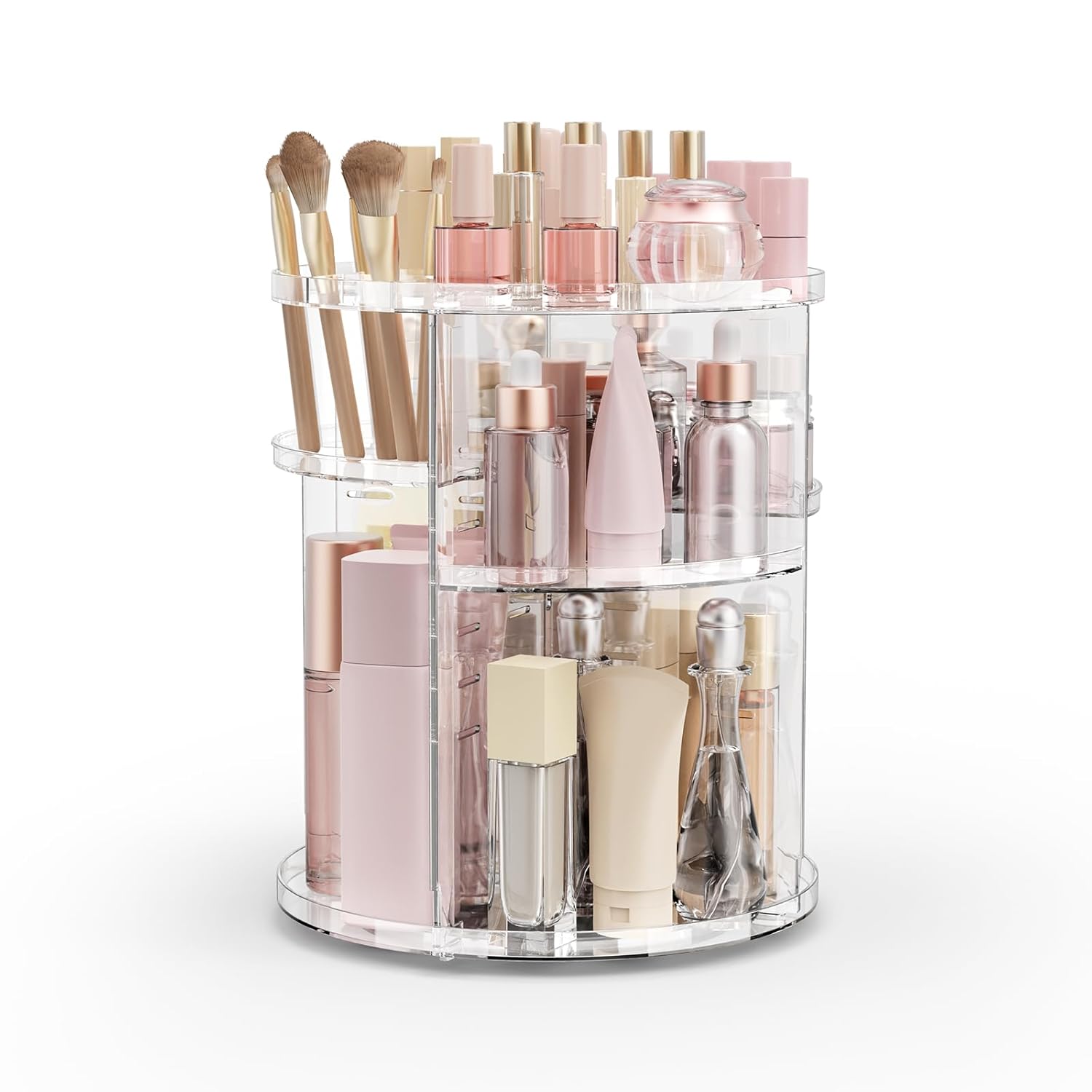 Rotating Makeup Organizer, Adjustable Vanity Organizer, Large Capacity Cosmetic Display Case for Spinning, Storage Carousel for Bathroom and Vanity Countertop, Clear