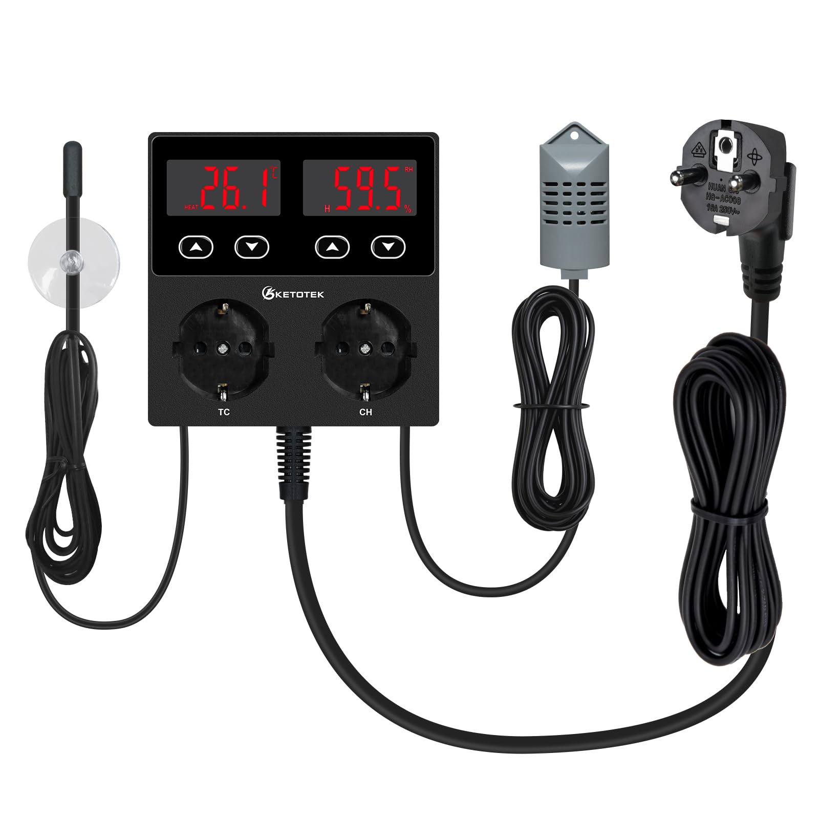 KETOTEK Enchufe con Higrostato Termostato con Sonda, Controlador de Humedad y Temperatura Regulador Digital 220V con Alarma para Terrario Reptil Invernadero Incubadora Humidificador Deshumidificador