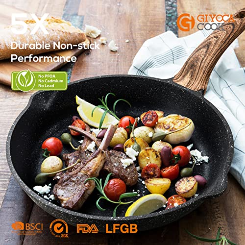 Giyoca Cook Nonstick Granite Frying Pan Skillet,Die-Cast Aluminum Scratch Resistant, Induction Compatible Bottom, Egg Pan Omelet Pans, Chef's Pan, Pfoa Free (9.5 Inches, Marble Black) #TOP3
