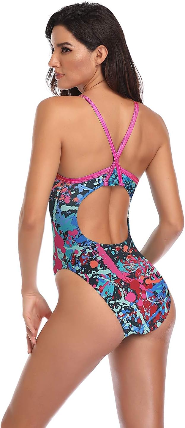 Adoretex Girl's/Women's One Piece Splash Print Thin Strap Athletic Swimsuit