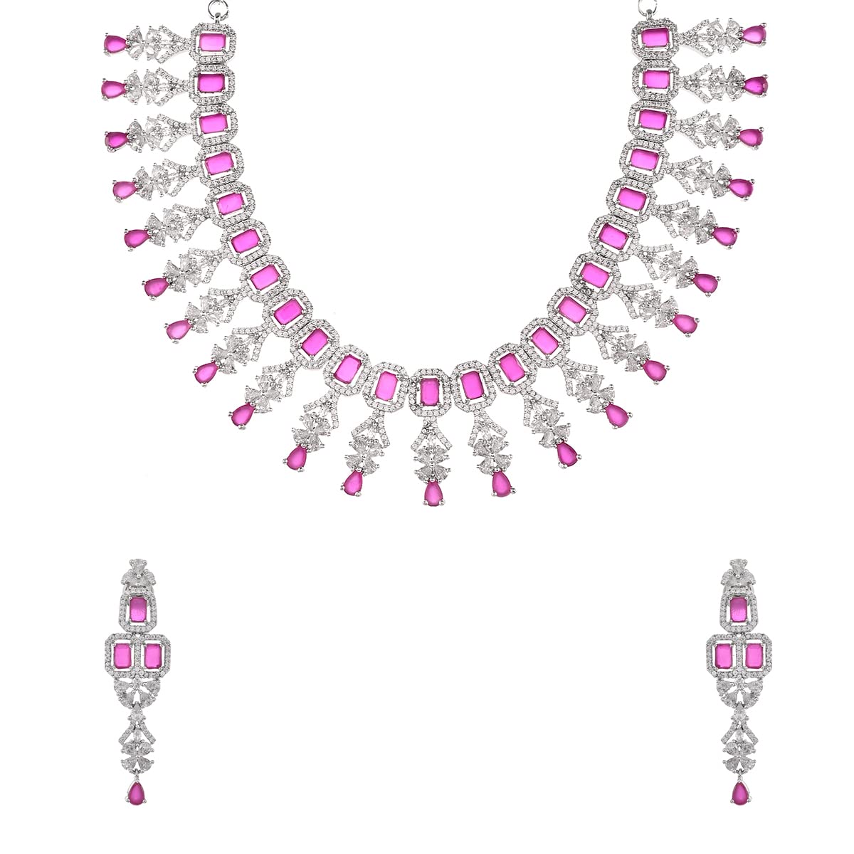 Emerald Cut CZ Adorned Brass Opulent Plated Jewellery Set
