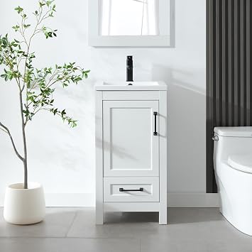 LUCKWIND 18" Bathroom Vanity and Sink Combos, Modern Bathroom Storage Painted Cabinet with Undercounter Ceramic Single Sink Top, Matte Black Faucet and Drawer, Mirror Not Included, White