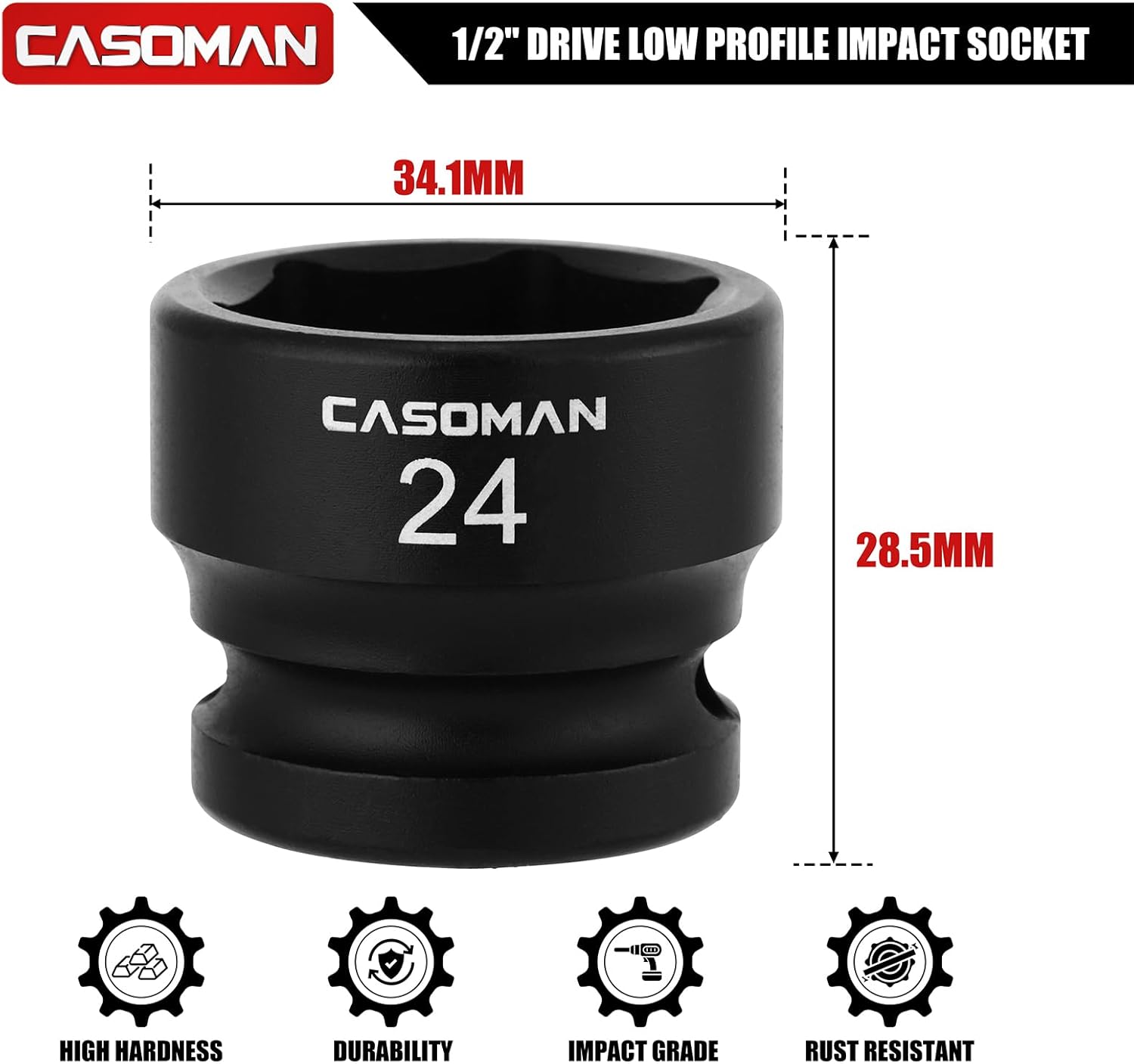 CASOMAN 1/2" Drive 24mm Stubby Impact Socket Set, 6-Point, 1.1" Length, CR-MO, Metric