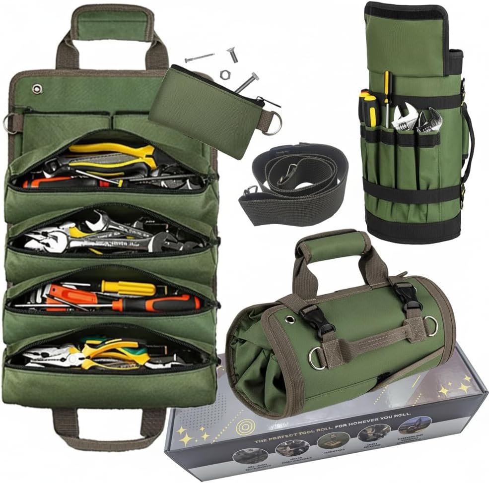 23 Pocket Tool Roll Up Bag for Wrenches & Spanners - Heavy Duty Oxford Organizer Pouch with Elastic Loops & Zipper Pocket, Portable Mechanic Storage Case for Motorcycle Truck Emergency Kit