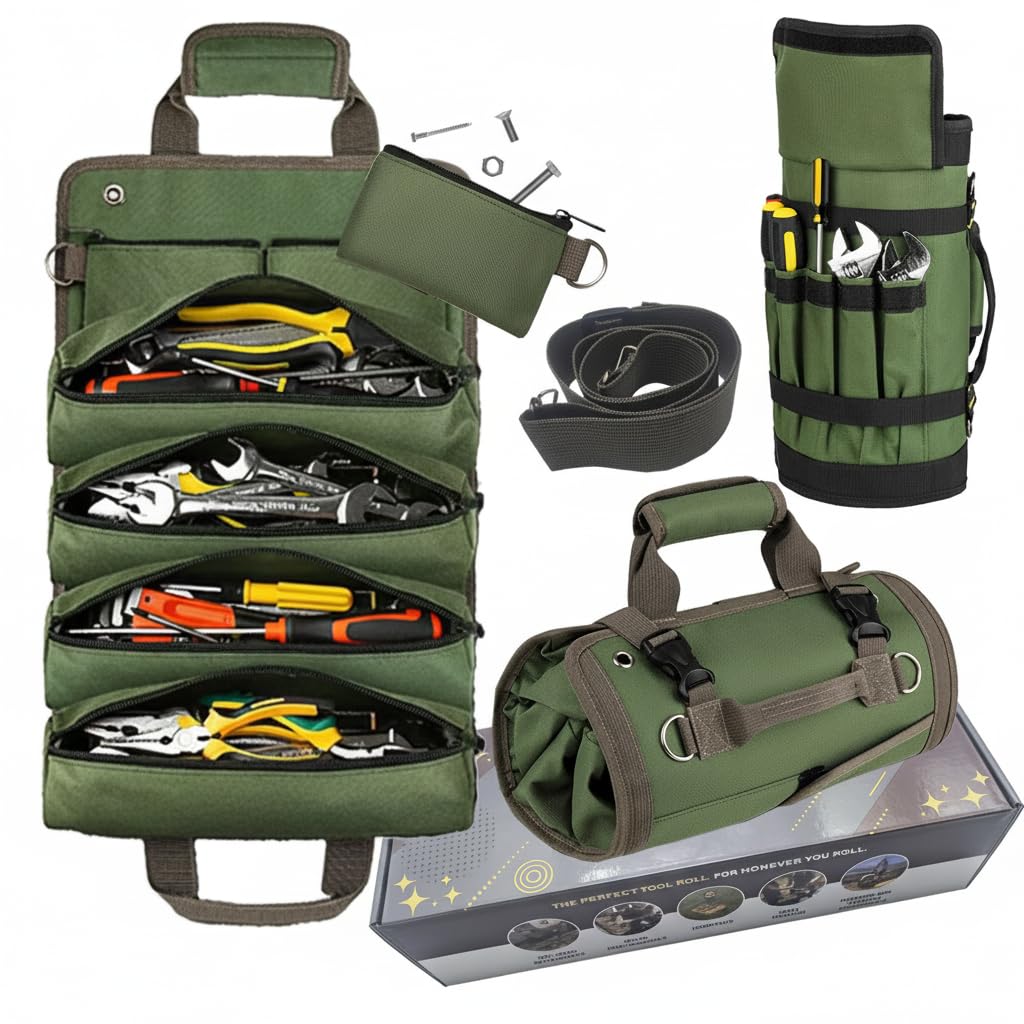 Photo 1 of Upgraded Heavy Duty Tool Roll Up Bag Organizer with 6 Zipper Pockets - Canvas Wrench Pouch for Mechanic & Electrician, Car Seat Back Hanging Storage for Truck Jeep RV, Waterproof Emergency Gear Case
