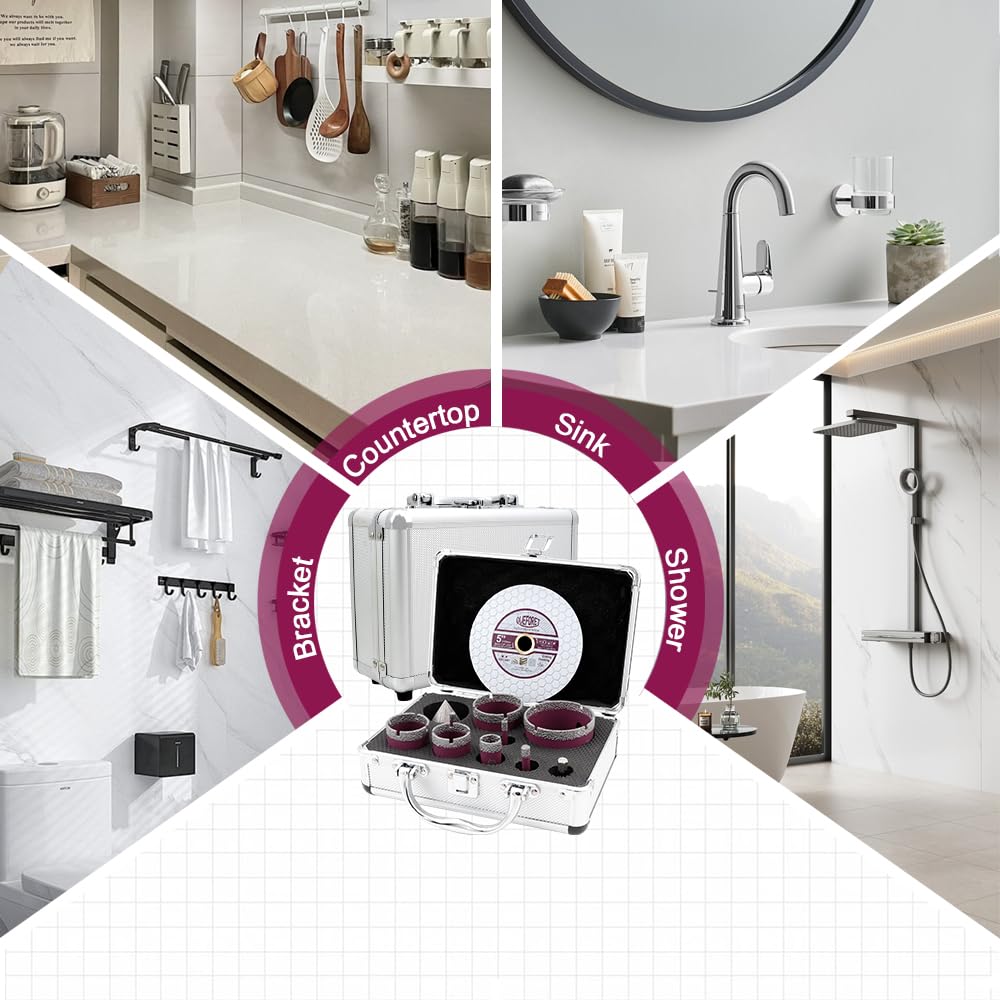Punte Diamantate Gres Porcellanato 11 Pezzi - 6/6/8/20/35/40/50/68mm x M14 Punte Trapano, 50mm Punta Smusso, Adattatore, Disco Diamantato 125mm per Piastrelle Ceramica Marmo Granito