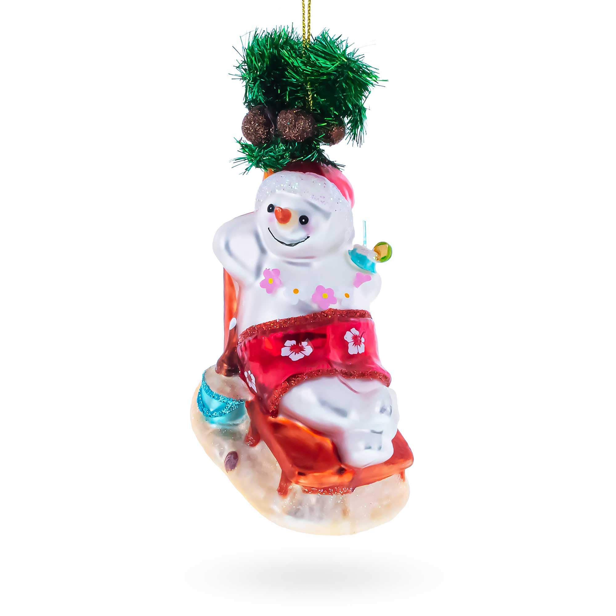 Bonhomme de neige sur la plage décoration de Noël en verre pour sapin thématique vacances