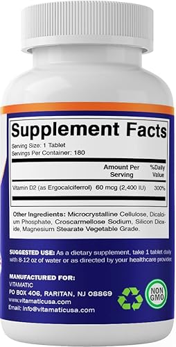 Miniatura 8 de Vitamatic Vitamina D2 60 mcg (2400 UI) - Ergocalciferol - 180 Tabletas Vegetarianas (180 Tabletas (Paquete de 1)) (2 Botellas)