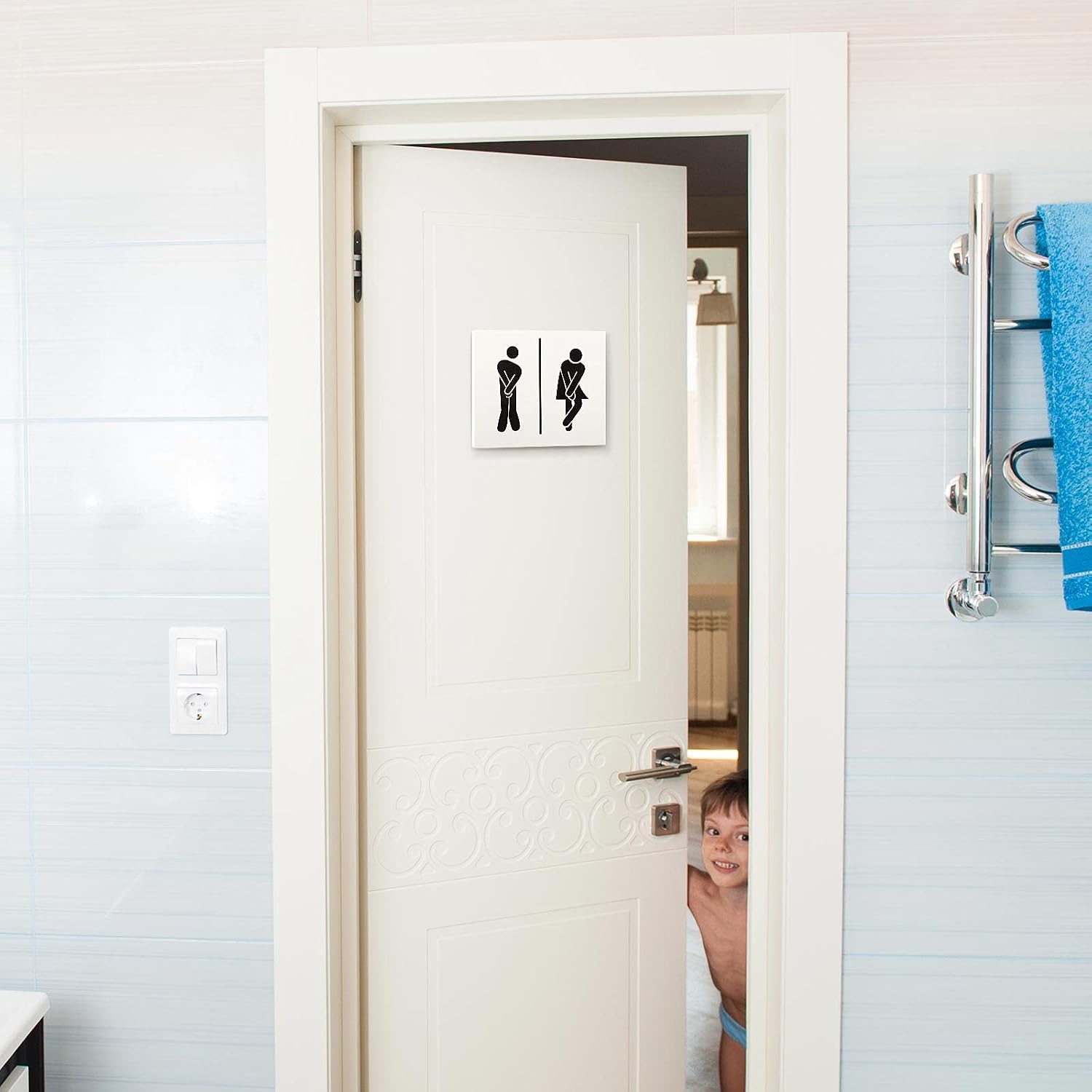 Jetec 2 Pcs 3D Bathroom Signs Decor Farmhouse Bathroom Shelf Decor Rustic Funny Wooden Unisex Round Shiplap Restroom Signs for Guest Modern Business Half Toilet Door