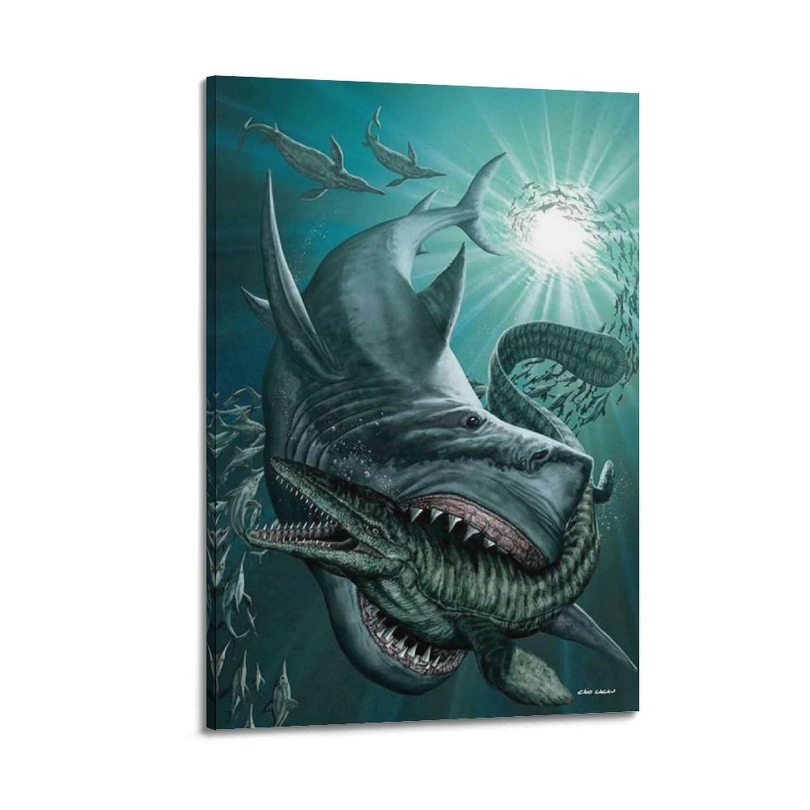 Megalodon Vs Mosasaurus Poster Canvas Wall Art Prints for Wall Decor Room Decor Bedroom Decor Gifts 12x18inch(30x45cm) Frame-style