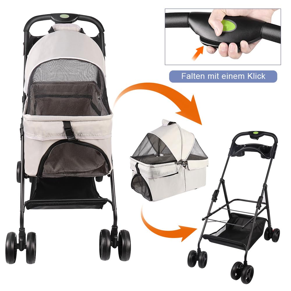 Passeggino pieghevole per animali domestici, passeggino pieghevole per animali domestici, 4 ruote per cani e gatti, cucciolo di piccole e medie dimensioni, A/grigio