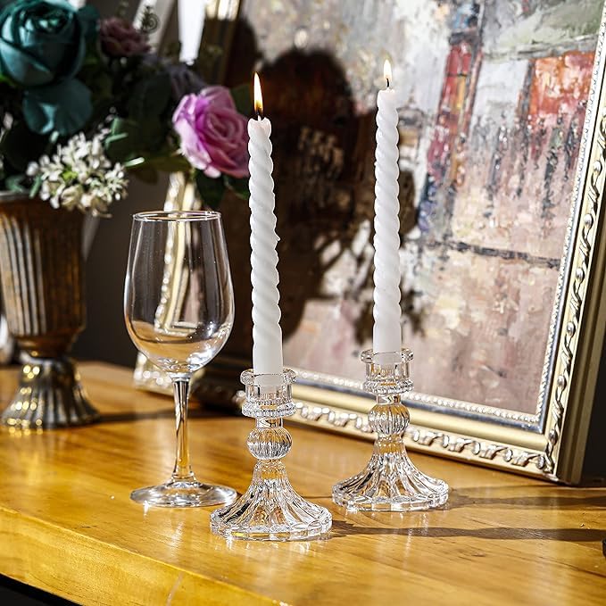 Image of Glass Candle Holder - Taper Candlestick Holders, Decorative Candle Sticks Set of 2, for Formal Events, Wedding, Church, Fall, Holiday DeCor, Table Centerpiece Decoration