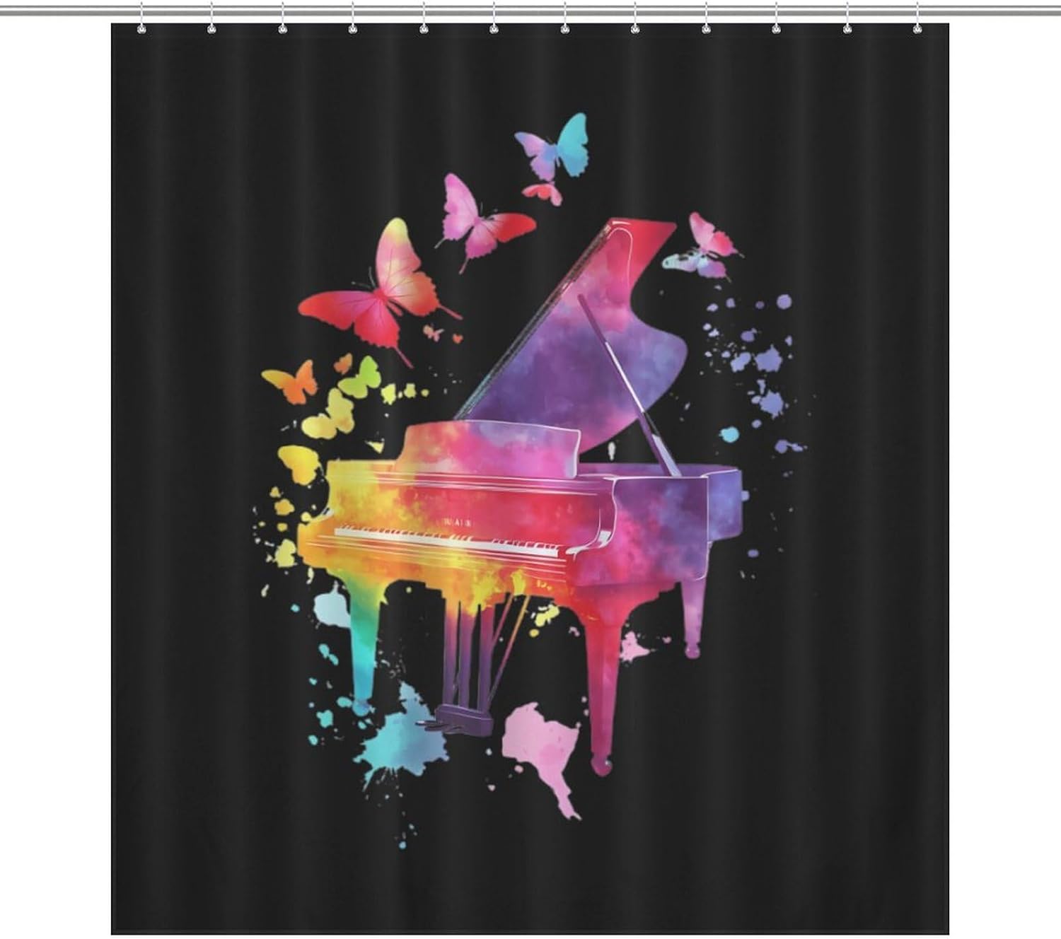 Colorful Piano with Butterflies Funny Shower Curtains Washable Bath Curtain Liner with Hooks for Bathroom Bath Tubs