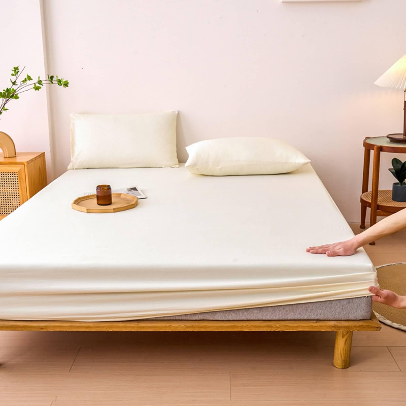 Lenzuolo Matrimoniale Angoli Fibra Chimica, Lenzuola Matrimoniali 180x220 cm Tinta Unita Lenzuolo e 2 Federe Traspirante, Morbido, Lavabile in Lavatrice, Beige Bianco