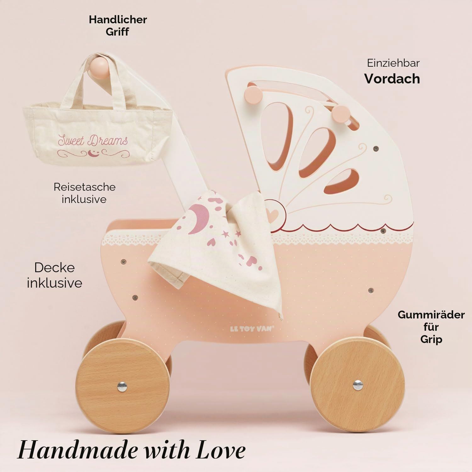 Le Toy Van – Pädagogisches Rollenspiel schöner Puppenkinderwagen „Süße Träume“ aus Holz | Für Mädchen & Jungen Rollenspiel Kinderwagen Spielset – Geeignet für Kinder ab 3 Jahren