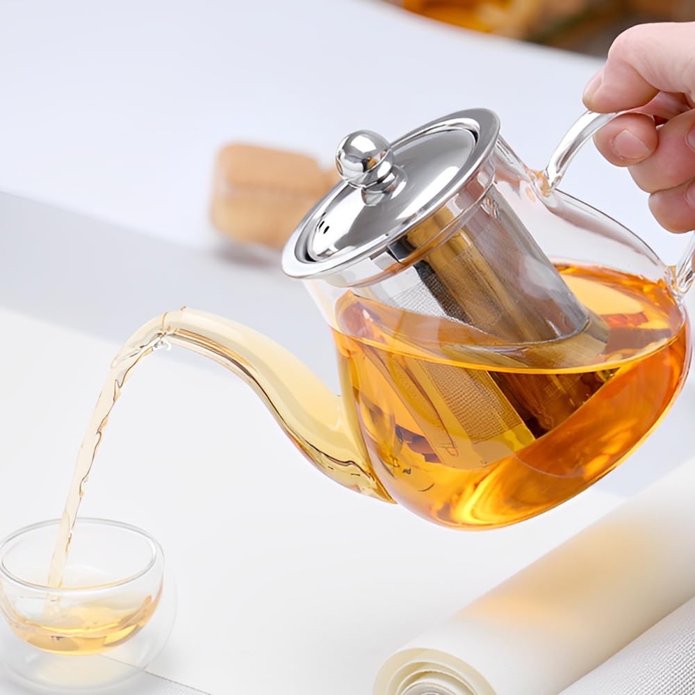 Teiera in Vetro da 800ml, Teiera Resistente al Calore in Vetro Borosilicato Trasparente con Filtro in Acciaio Inox, piccola teiera per foglie sfuse, erbe, frutta, bubble tea | Infusore Tè