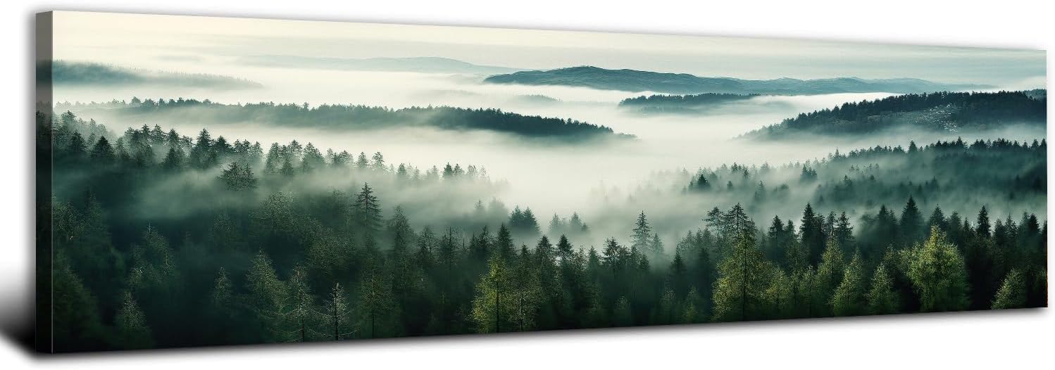 Misty Great Smoky Mountain Canvas Wall Art Blue Ridge Wall Decor for Living Room Green Nature Landscape Picture Bedroom Vintage Foggy Forest Scenery Pine Trees Painting Office Home Decorations 14x48" 48"L x 14"W Mountain