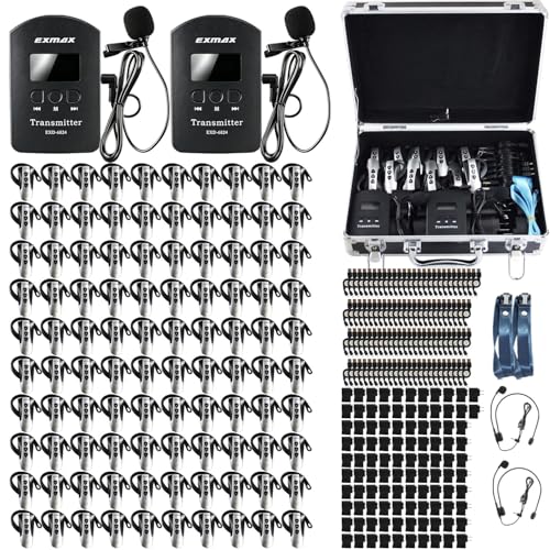 EXMAX Sistema de Interpretación Inalámbrico de Lenguaje 2.4GHz con Receptor de Gancho para Oreja Audio Visual para Iglesia, Enseñanza, Traducción, Entrenamiento, Recepción VIP (2 Transmisores 100 Receptores)