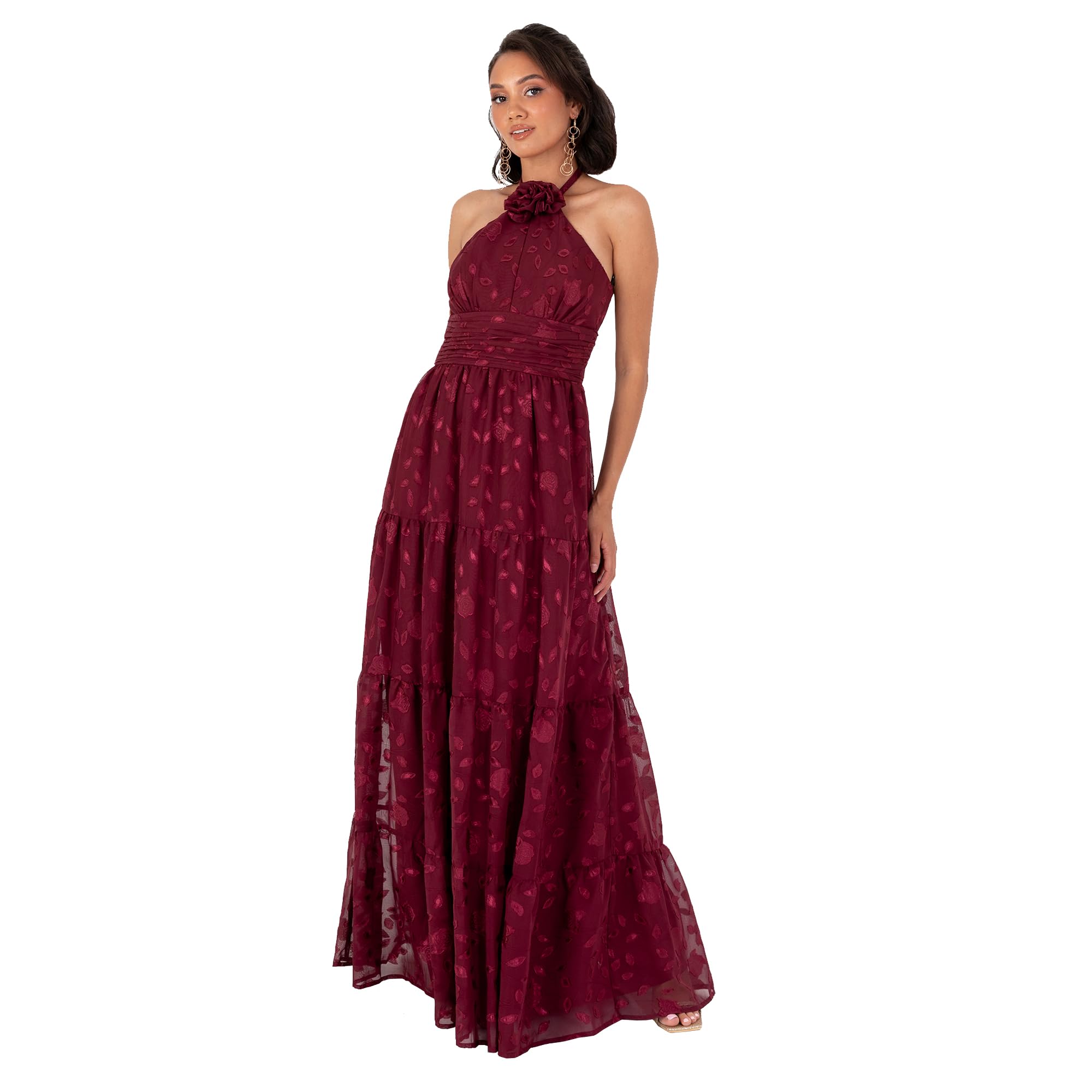 Maya Deluxe Damen Women's Maxi Dress Ladies Sleeveless Halterneck Floral Corsage Chiffon Jacquard A-line Tiered Evening Occasion Prom Dress (1er Pack)